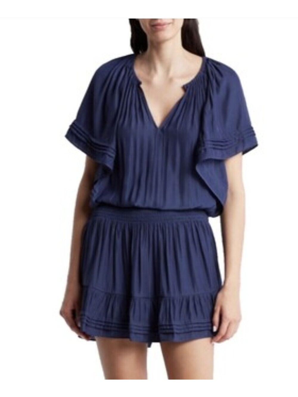 Ramy Brook NY Ryland Smocked Dolman Sleeve Navy Blue Mini Dress Small